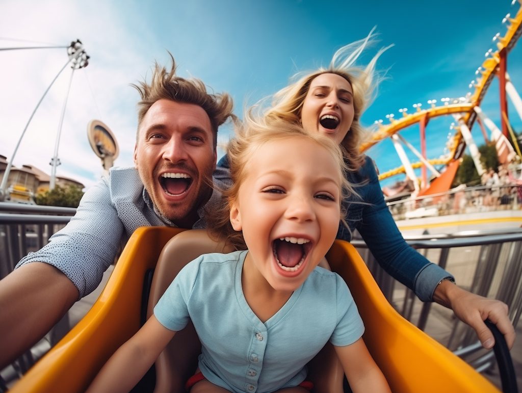 Famiglia che si diverte sulle montagne russe a Gardaland il puù famoso dei parchi divertimenti in Veneto