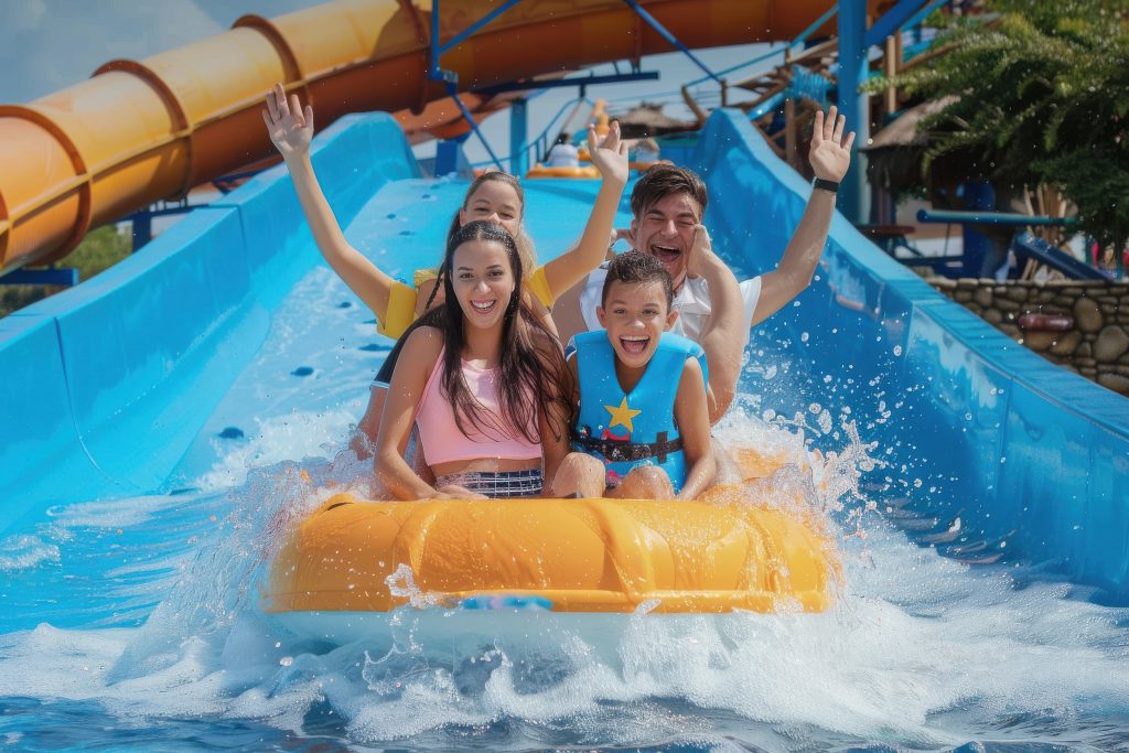 Famiglia sulle attrazioni del Caribe Bay, uno dei parchi divertimento acquatici del Veneto