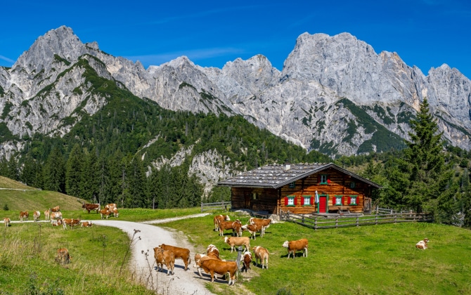 Malga di montagna immersa tra le vette alpine